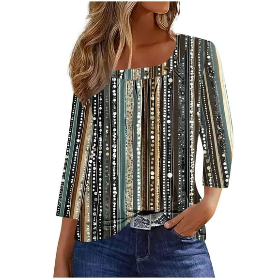 CYMMPU Floral Printed Button up Crew Neck Blouses for Women Dressy Casual Fall Trendy Shirts Loose Fit Spring Tunic Tops 3/4 Sleeve Plus Size T-Shirt Gray M