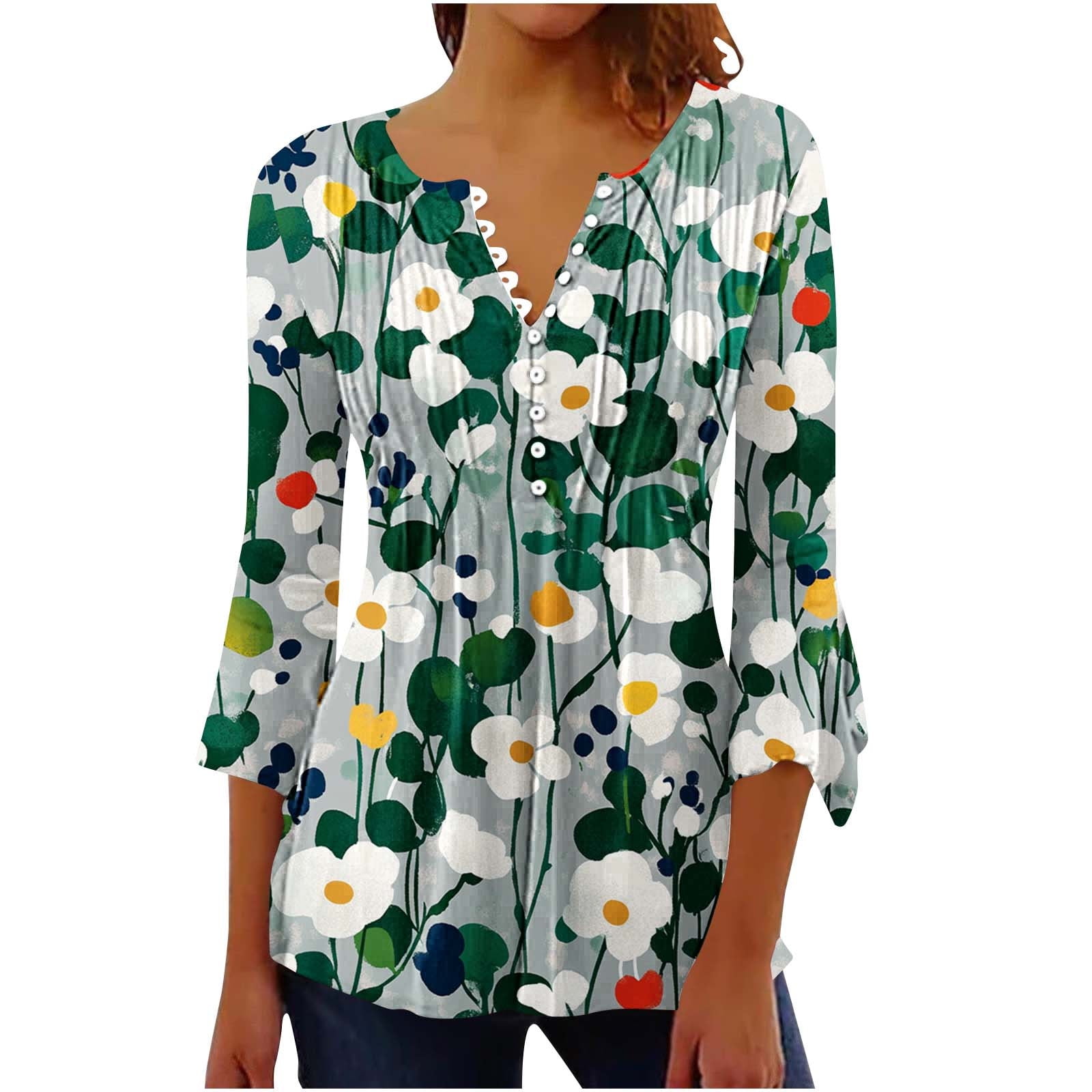 Multicolor Fall Blouses CYMMPU Floral Printed Button V Neck Flare Sleeve Blouses for Women ...
