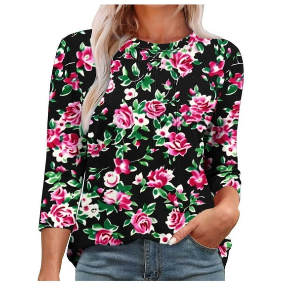 CYMMPU Floral Printed Round Neck Blouses for Women Dressy Casual Loose Fit Tunic Tops Spring Tops Fall Fashion Shirts 3/4 Sleeve Lightweight Basic T-Shirts Black M