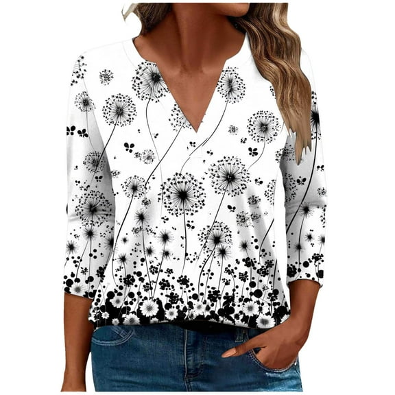 CYMMPU Floral Printed V Neck Blouses for Women Dressy Casual Spring Tops Loose Fit 3/4 Sleeve Fall Fashion Shirts T-Shirts Business Elegant Work Topss Multicolor XXXXL