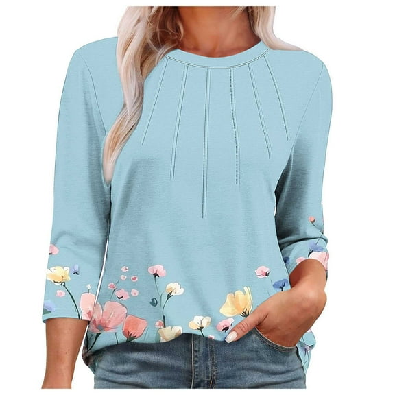 CYMMPU Flower Pattern 3/4 Sleeve Blouses for Women Dressy Casual Loose Fit Spring Tunic Tops Crew Neck Fall Fashion Shirts Lightweight Basic T-Shirts L