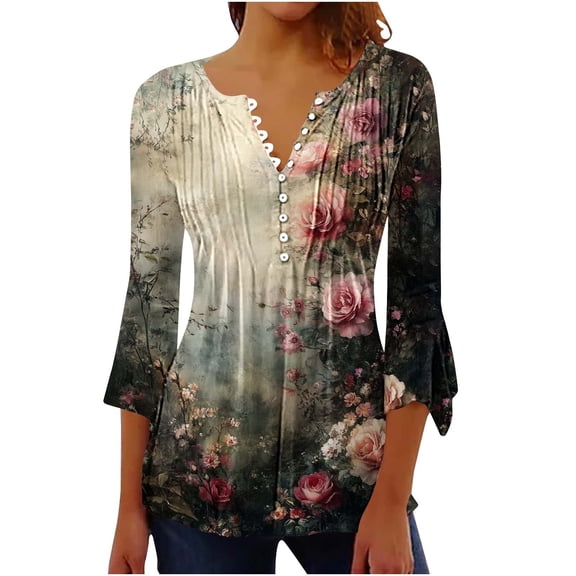 CYMMPU Flower Pattern 3/4 Sleeve Blouses for Women Dressy Casual Spring Tunic Tops Button V Neck Flare Sleeve Fall Trendy Shirts Loose Fit Empire Waist A Line T-Shirts Multicolor L