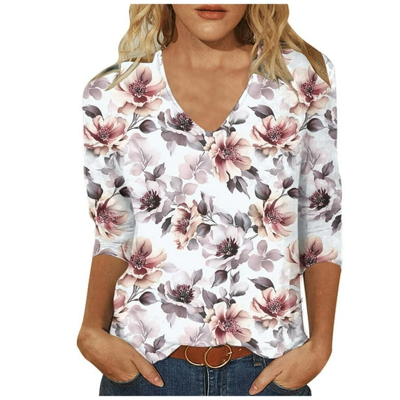 CYMMPU Flower Pattern 3/4 Sleeve Blouses for Women Dressy Casual V Neck Fall Trendy Shirts Tunic Tops Loose Fit Spring Tops Business Elegant Work Tops T-Shirts Multicolor XL