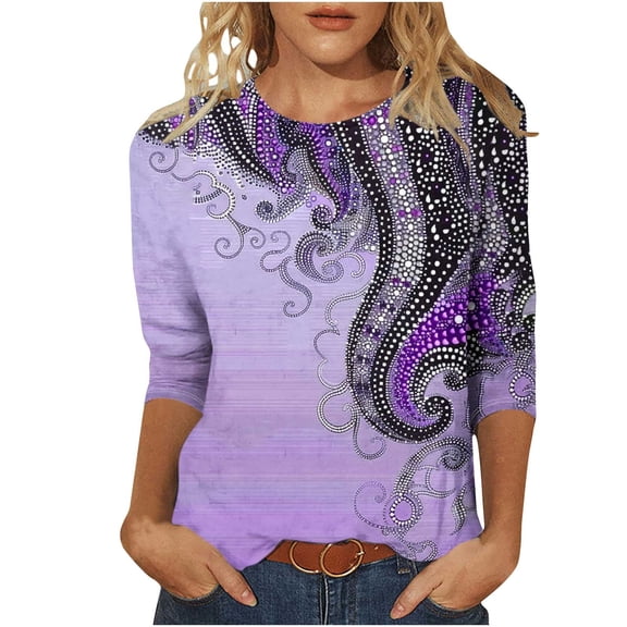CYMMPU Flower Pattern 3/4 Sleeve Loose Fit Spring Tunic Tops Boho Blouses for Women Dressy Casual Round Neck Fall Fashion Shirts Lightweight Basic T-Shirts Multicolor M