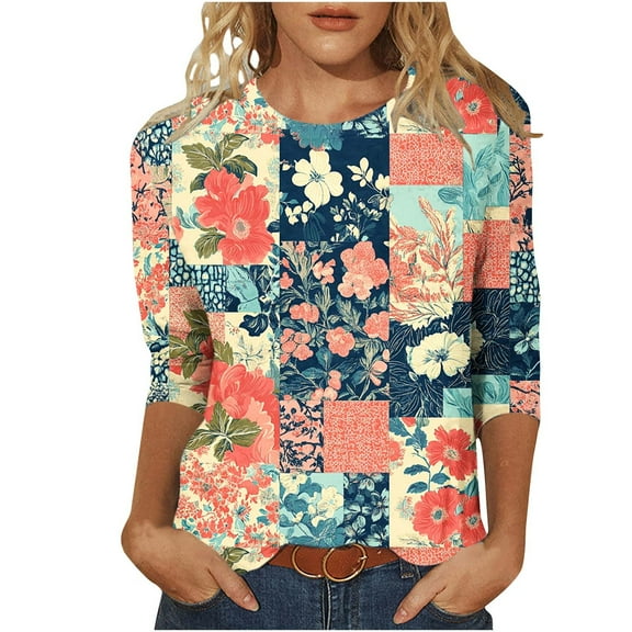 CYMMPU Flower Pattern 3/4 Sleeve Loose Fit Tunic Tops Summer Trendy Shirts Spring Tops Round Neck Blouses for Women Dressy Casual Lightweight Basic Tees Multicolor L
