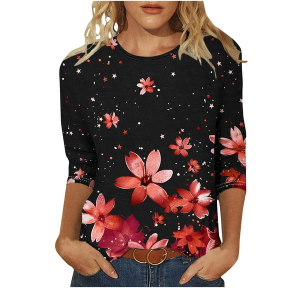 CYMMPU Flower Pattern 3/4 Sleeve Round Neck Blouses for Women Dressy Casual Loose Fit Tunic Tops Spring Tops Summer Fashion Shirts Lightweight Basic T-Shirts Red S