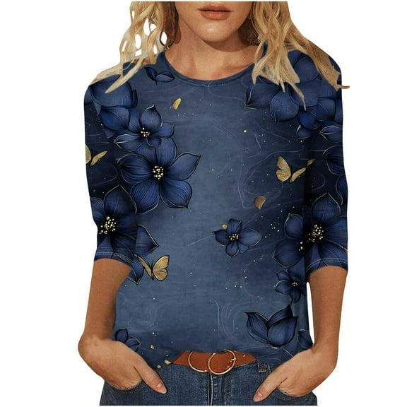 CYMMPU Flower Pattern 3/4 Sleeve Spring Tunic Tops Loose Fit Summer Fashion Shirts Round Neck Blouses for Women Dressy Casual Lightweight Basic T-Shirts Multicolor XL