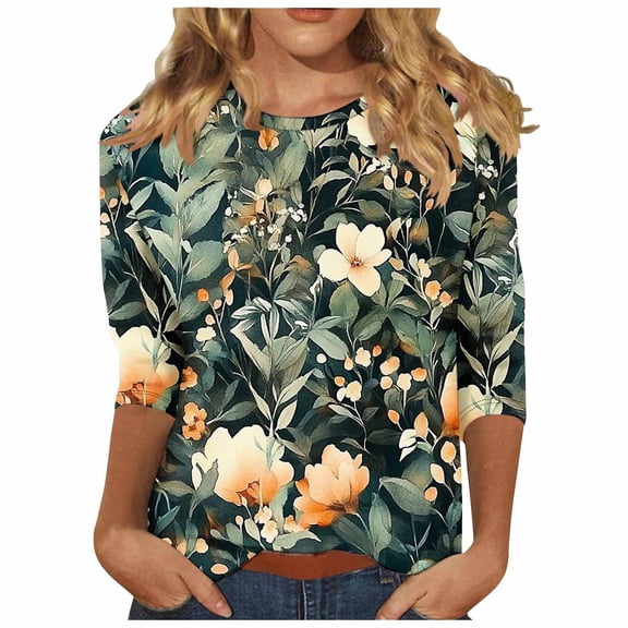 CYMMPU Flower Pattern 3/4 Sleeve Summer Fashion Shirts Loose Fit Spring Tops Round Neck Tunic Tops Boho Blouses for Women Dressy Casual Lightweight Basic T-Shirts Multicolor XXXL