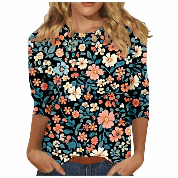 CYMMPU Flower Pattern 3/4 Sleeve Summer Trendy Shirts Loose Fit Tunic Tops Round Neck Spring Tops Blouses for Women Dressy Casual Lightweight Basic Tees Multicolor L