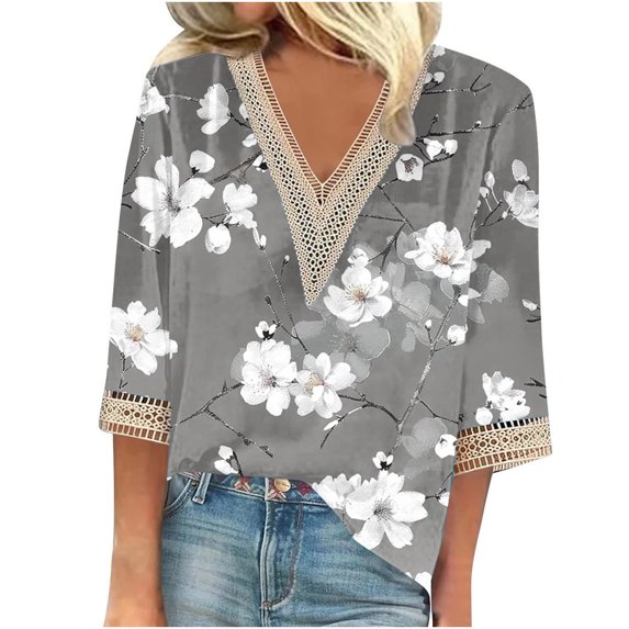 CYMMPU Flower Pattern 3/4 Sleeve Tunic Tops Boho Blouses for Women Dressy Casual Lace V Neck Spring Tops Loose Fit Summer Trendy Shirts Business Elegant Work Tops T-Shirts Gray XXXL