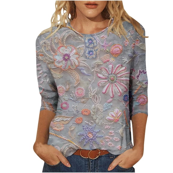 CYMMPU Flower Pattern 3/4 Sleeve Tunic Tops Boho Blouses for Women Dressy Casual Round Neck Spring Tops Loose Fit Summer Fashion Shirts Lightweight Basic T-Shirts Gray L