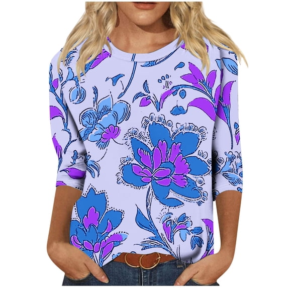 CYMMPU Flower Pattern 3/4 Sleeve Tunic Tops Spring Tops Loose Fit Summer Fashion Shirts Round Neck Blouses for Women Dressy Casual Pleated Dressy T-Shirts Purple S