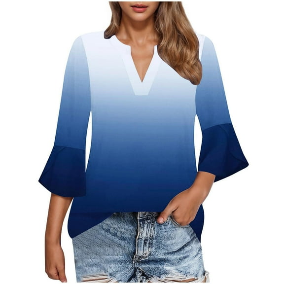 CYMMPU Flower Pattern 3/4 Sleeve Tunic Tops Summer Trendy Shirts V Neck Blouses for Women Dressy Casual Loose Fit Spring Tops Business Elegant Work Tops T-Shirts Navy S