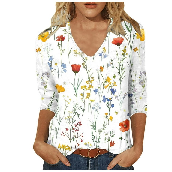 CYMMPU Flower Pattern 3/4 Sleeve Tunic Tops V Neck Spring Tops Blouses for Women Dressy Casual Fall Trendy Shirts Loose Fit Business Elegant Work Tops T-Shirts XL