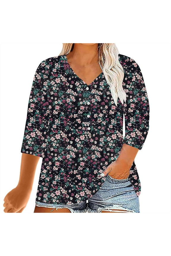 Flower Pattern 3/4 Sleeve V Neck Spring Tops Fall Fashion Shirts Loose Fit Blouses for Women Dressy Casual Tunic Tops Plus Size Blouse XXL