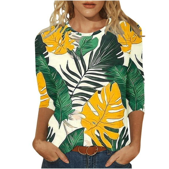 CYMMPU Flower Pattern Crew Neck Blouses for Women Dressy Casual Loose Fit Fall Fashion Shirts 3/4 Sleeve Tunic Tops Spring Tops Lightweight Basic T-Shirts 10