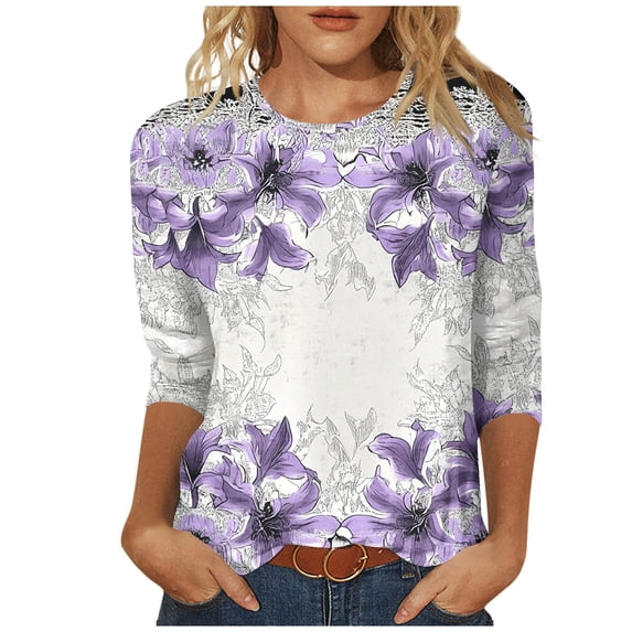 CYMMPU Flower Pattern Crew Neck Blouses for Women Dressy Casual Spring Tops T-Shirts 3/4 Sleeve Loose Fit Fall Trendy Shirts Lightweight Basic Tees Multicolor XXXXL