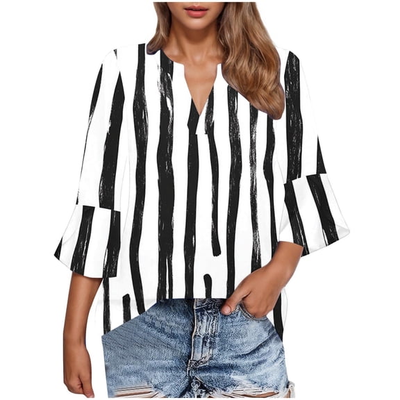 CYMMPU Flower Pattern Flare Sleeve 3/4 Sleeve Tunic Tops Spring Tops Blouses for Women Dressy Casual Loose Fit V Neck Fall Fashion Shirts Business Elegant Work Topss Black L