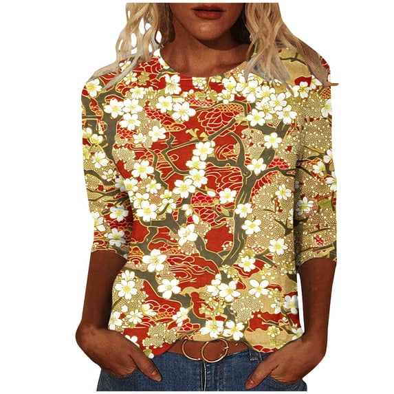 CYMMPU Flower Pattern Round Neck Blouses for Women Dressy Casual Loose Fit Spring Tops Fall Trendy Shirts Tunic Tops 3/4 Sleeve Lightweight Basic Tees Multicolor XXXXL