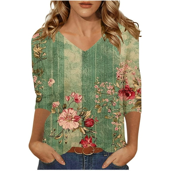 CYMMPU Flower Pattern V Neck Blouses for Women Dressy Casual Fall Fashion Shirts Spring Tunic Tops Loose Fit 3/4 Sleeve Business Elegant Work Topss Green L