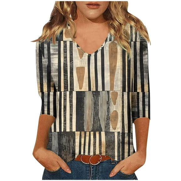 CYMMPU Flower Pattern V Neck Blouses for Women Dressy Casual Loose Fit Tunic Tops Spring Tops Fall Trendy Shirts 3/4 Sleeve Business Elegant Work Tops T-Shirts Khaki XL
