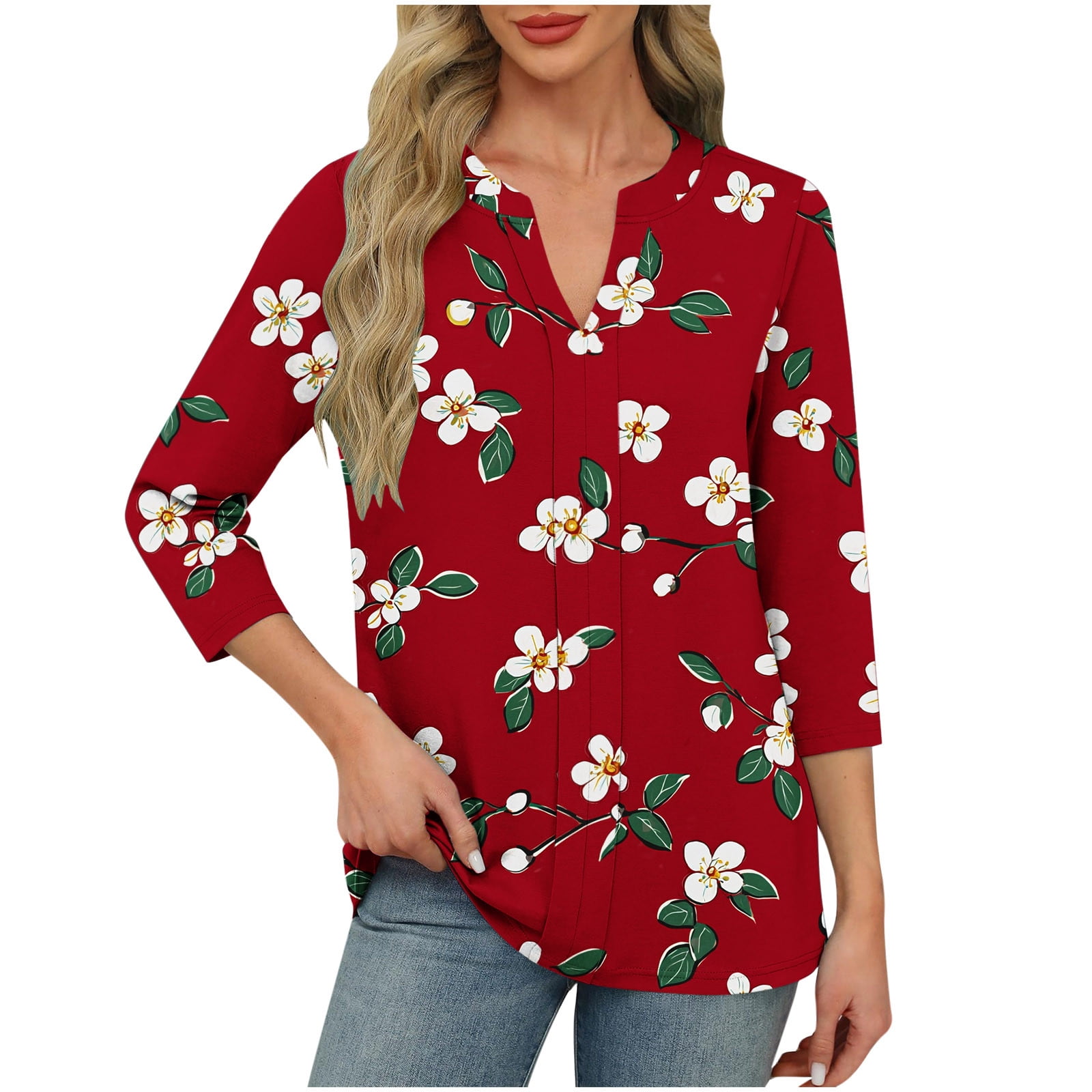 CYMMPU Flower Pattern V Neck Blouses for Women Dressy Casual Tunic Tops ...