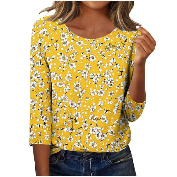 CYMMPU Flower Printed 3/4 Sleeve Blouses for Women Dressy Casual Tunic Tops Crew Neck Fall Fashion Shirts Loose Fit Spring Tops Lightweight Basic T-Shirts Yellow S