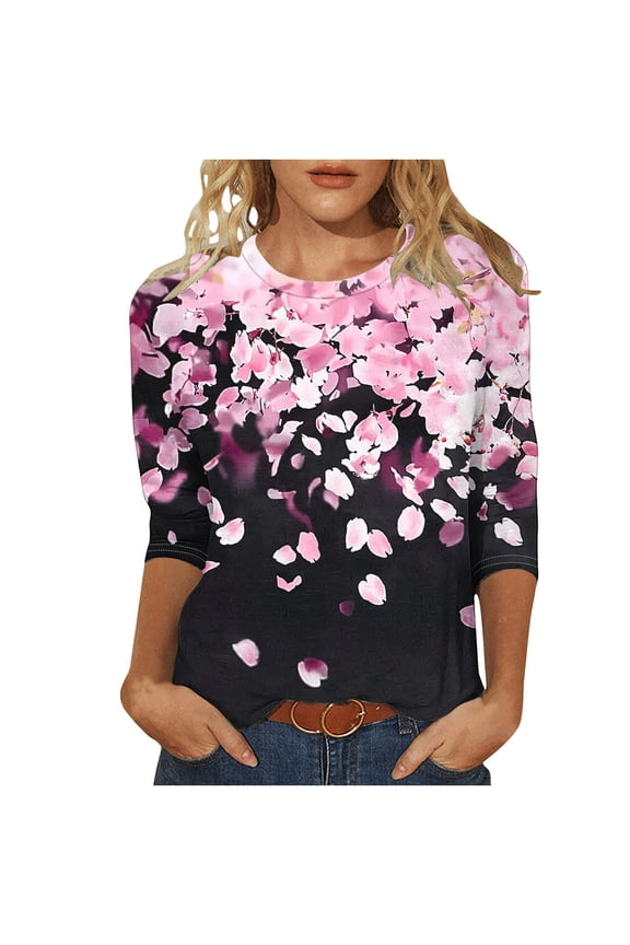 Flower Printed 3/4 Sleeve Blouses for Women Dressy Casual Tunic Tops Spring Tops Fall Trendy Shirts Loose Fit Crew Neck Lightweight Basic Tees Black XXXL