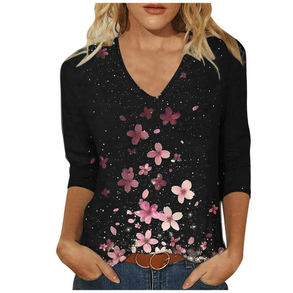 CYMMPU Flower Printed 3/4 Sleeve Blouses for Women Dressy Casual V Neck Loose Fit Fall Fashion Shirts Spring Tunic Tops Business Elegant Work Topss Multicolor XXXL