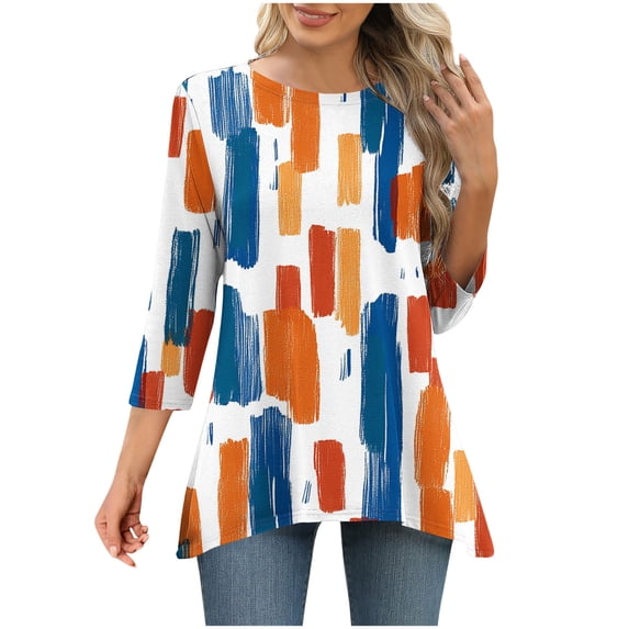 CYMMPU Flower Printed 3/4 Sleeve Crew Neck Summer Trendy Shirts Spring Tops Blouses for Women Dressy Casual Loose Fit Tunic Tops Flare Hem Hide Belly Tops to Wear with Leggings T-Shirts XXL