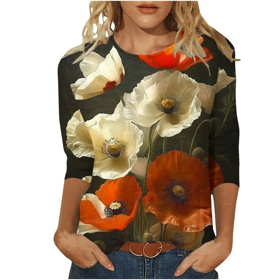 CYMMPU Flower Printed 3/4 Sleeve Crew Neck Tunic Tops Boho Blouses for Women Dressy Casual Spring Tops Fall Trendy Shirts Loose Fit Lightweight Basic Tees Multicolor XL