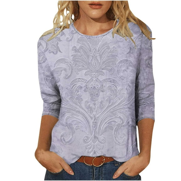 CYMMPU Flower Printed 3/4 Sleeve Fall Trendy Shirts Round Neck Loose Fit Spring Tops Blouses for Women Dressy Casual Tunic Tops Lightweight Basic Tees Purple XXXXL