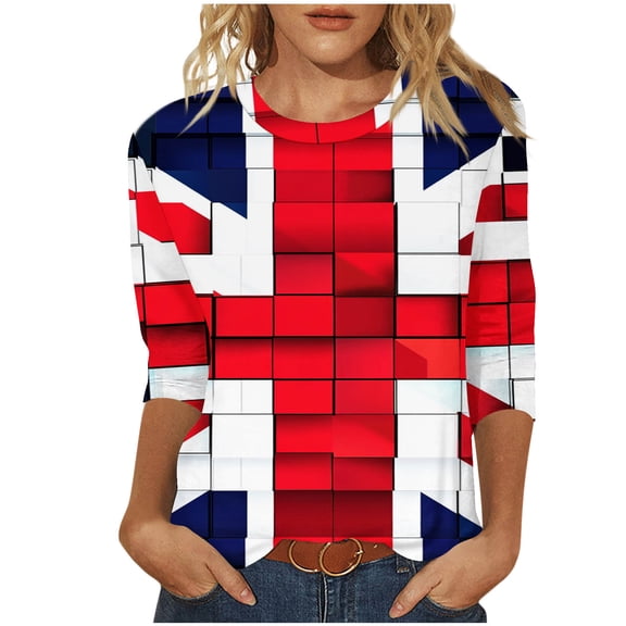 CYMMPU Flower Printed 3/4 Sleeve Fall Trendy Shirts Spring Tunic Tops Boho Blouses for Women Dressy Casual Round Neck Loose Fit Lightweight Basic Tees Blue M