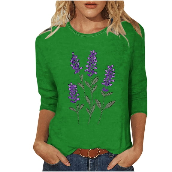 CYMMPU Flower Printed 3/4 Sleeve Round Neck Blouses for Women Dressy Casual Loose Fit Spring Tops Summer Trendy Shirts Lightweight Basic Tees Green XXL