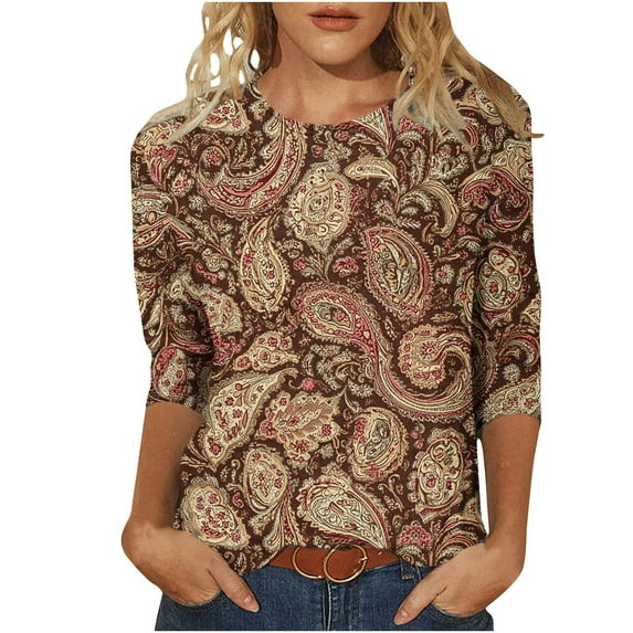 CYMMPU Flower Printed 3/4 Sleeve Spring Tunic Tops Loose Fit Fall Trendy Shirts Blouses for Women Dressy Casual Round Neck Lightweight Basic Tees Multicolor XXXL