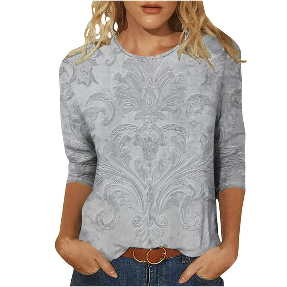 CYMMPU Flower Printed 3/4 Sleeve Summer Fashion Shirts Round Neck Loose Fit Tunic Tops Spring Tops Blouses for Women Dressy Casual Lightweight Basic T-Shirts Gray XXXXXL