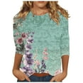 thumbnail image 1 of CYMMPU Flower Printed 3/4 Sleeve Summer Trendy Shirts Round Neck Tunic Tops Spring Tops Loose Fit Blouses for Women Dressy Casual Lightweight Basic Tees Green S, 1 of 5