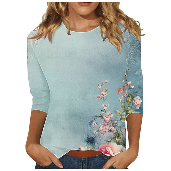 CYMMPU Flower Printed 3/4 Sleeve T-Shirts Loose Fit Round Neck Spring Tops Summer Trendy Shirts Blouses for Women Dressy Casual Lightweight Basic Tees Blue S