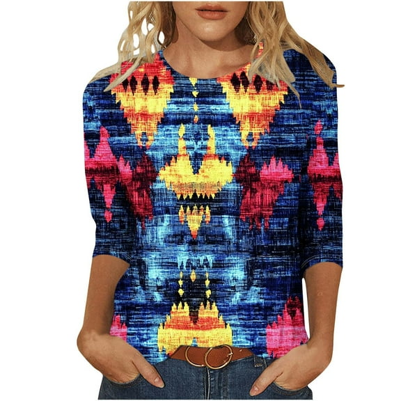 CYMMPU Flower Printed 3/4 Sleeve T-Shirts Spring Tops Round Neck Blouses for Women Dressy Casual Loose Fit Summer Fashion Shirts Lightweight Basic T-Shirts Multicolor S