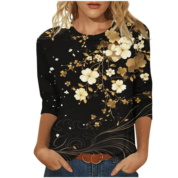 CYMMPU Flower Printed 3/4 Sleeve Tunic Tops Round Neck Spring Tops Blouses for Women Dressy Casual Loose Fit Summer Trendy Shirts Lightweight Basic Tees Black M