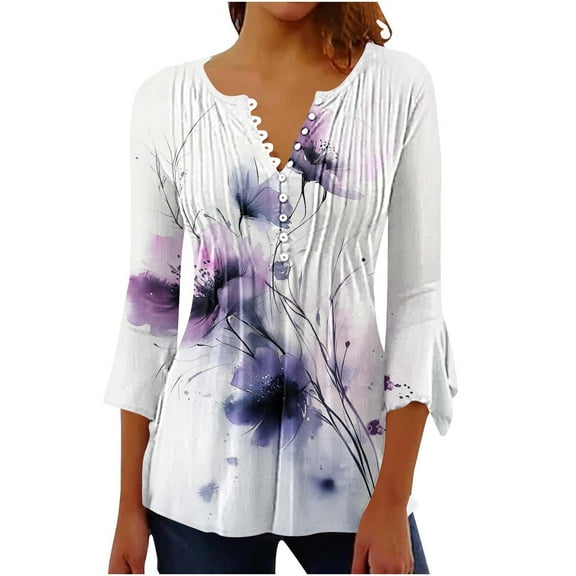 CYMMPU Flower Printed Button V Neck Flare Sleeve Blouses for Women Dressy Casual Tunic Tops Fall Fashion Shirts 3/4 Sleeve Spring Tops Loose Fit Empire Waist A Line T-Shirts Multicolor L