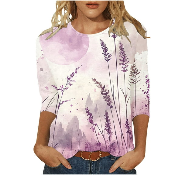 CYMMPU Flower Printed Crew Neck Blouses for Women Dressy Casual Loose Fit Spring Tops Fall Trendy Shirts Tunic Tops 3/4 Sleeve Lightweight Basic Tees XL