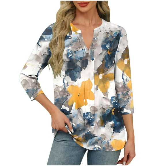 CYMMPU Flower Printed V Neck Blouses for Women Dressy Casual Fall Fashion Shirts 3/4 Sleeve Tunic Tops Loose Fit Spring Tops Business Elegant Work Topss Navy S