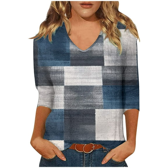 CYMMPU Flower Printed V Neck Blouses for Women Dressy Casual Loose Fit Tunic Tops Fall Trendy Shirts Spring Tops 3/4 Sleeve Business Elegant Work Tops T-Shirts Gray XL