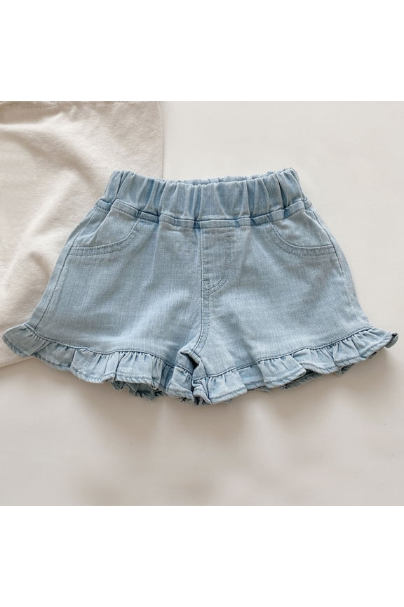 Girl's Denim Shorts Ripped Ruffle Shorty Shorts With Pockets Elastic Waist Distressed Suit Summer Casual Shorts Blue,6 Years