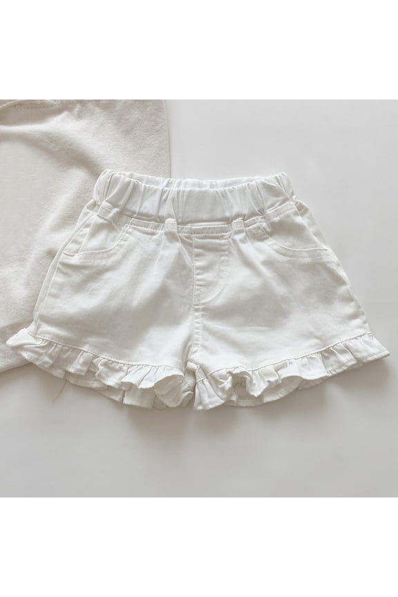 Girl's Denim Shorts Ripped Ruffle Shorty Shorts With Pockets Elastic Waist Distressed Suit Summer Casual Shorts White,6 Years