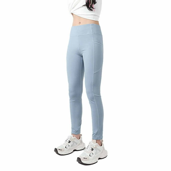 CYMMPU Girls Yoga Pants, Kids Athletic Leggings with Pockets, Teen Girls Dance Running Workout Leggings Workout Active Dance Tights Blue 10-11 Years