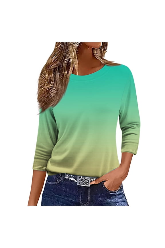 Gradient Color 3/4 Length Sleeve Summer Fall Dressy Tunic Tops Crewneck Business Work Blouses Casual Shirts Basic Tees 2025 Clothes for Women Army Green M