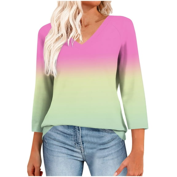 CYMMPU Gradient Color 3/4 Length Sleeve Summer Fall Vintage Basic Tees Plus Size Tunic Tops Shirts Business Work Blouses V-Neck 2025 Clothes for Women Hot Pink M