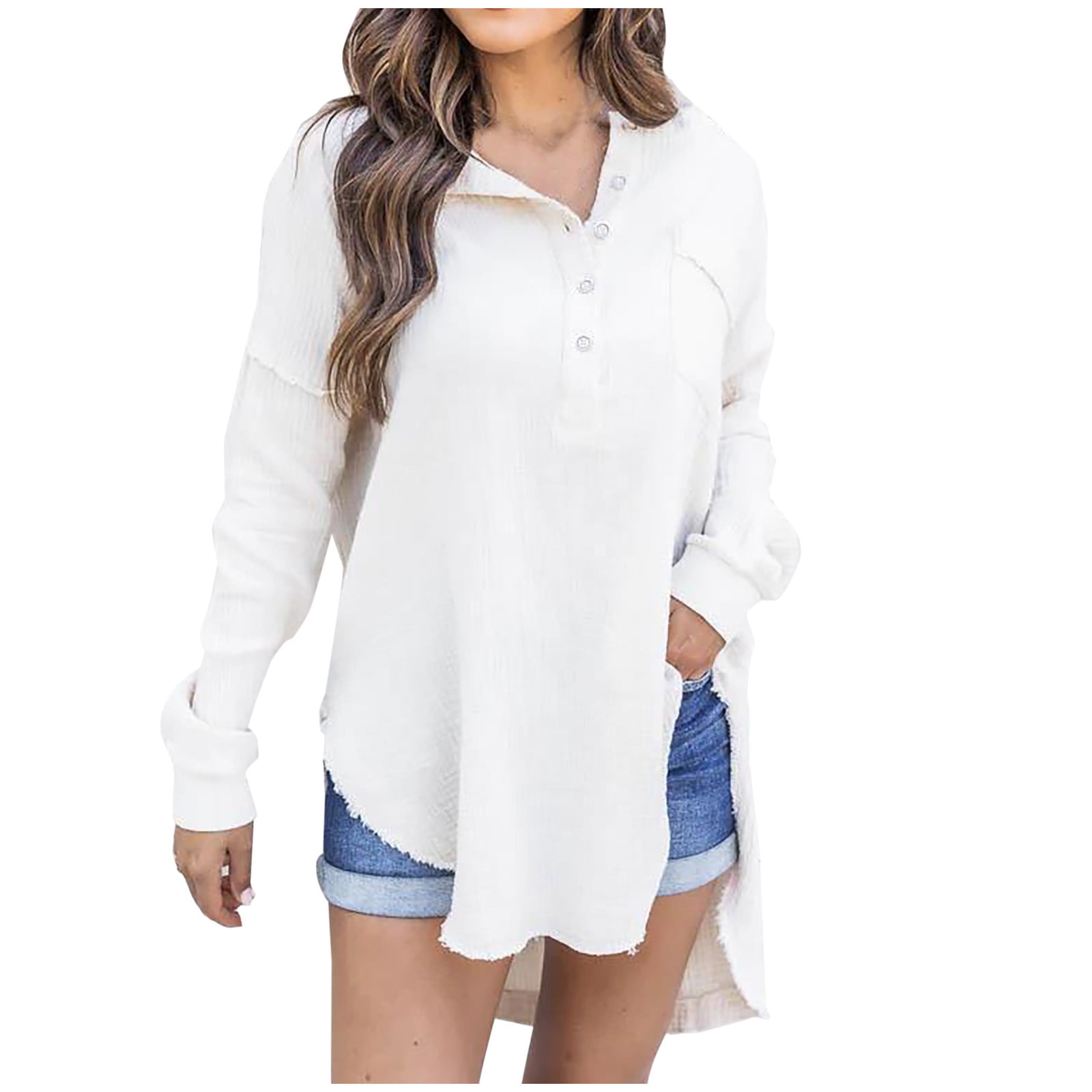 CYMMPU Ladies 1/4 Button up Clothing Long Sleeve Off Shoulder